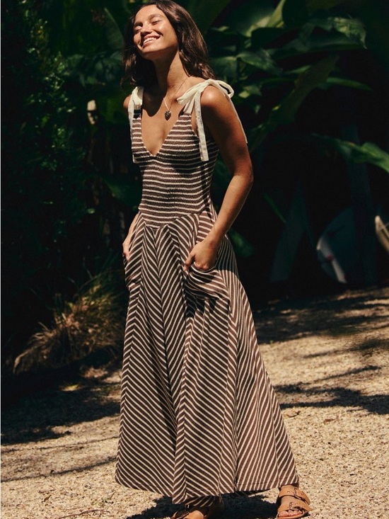 Free People Dresses & Skirts - Free People Brown & White Striped Tie-Shoulder Midi Dress